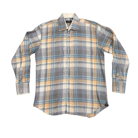 CIRCLE OF GENTLEMEN REGULAR FIT 100% COTTON SHIRT BLUE BEIGE PLAID 44 X 17.5 - Picture 1 of 11